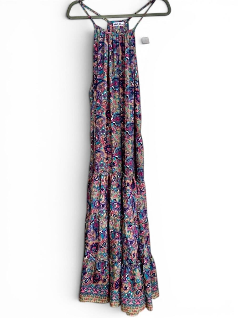 Boho Paisley Tiered Summer Maxi Dress – White Waves, Size Small/Medium